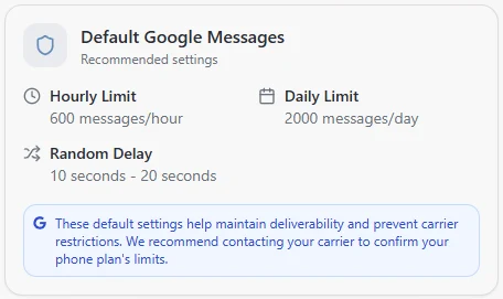 Text Blaster Pro Google Messages safeguard settings