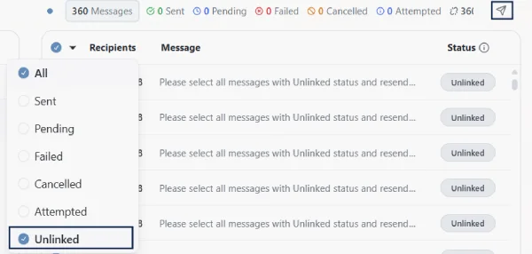 Text Blaster Pro Delivery Dashboard showing resend unlinked option