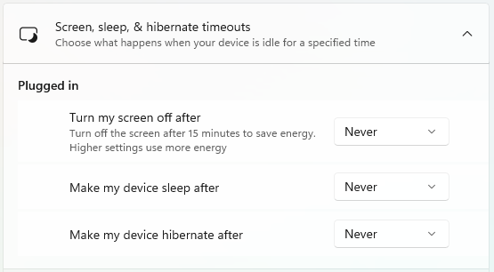 Windows Power & Sleep settings showing Sleep and Hibernate set to Never
