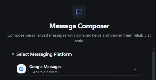 Text Blaster Pro messaging platform interface showing Google Messages selection