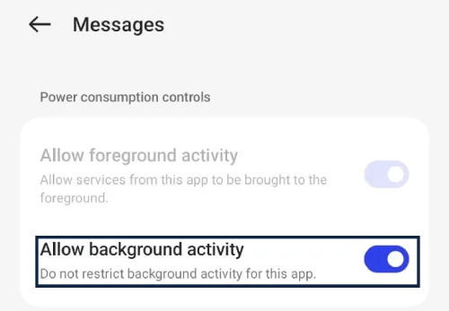 Google Messages battery usage screen showing Allow background usage enabled