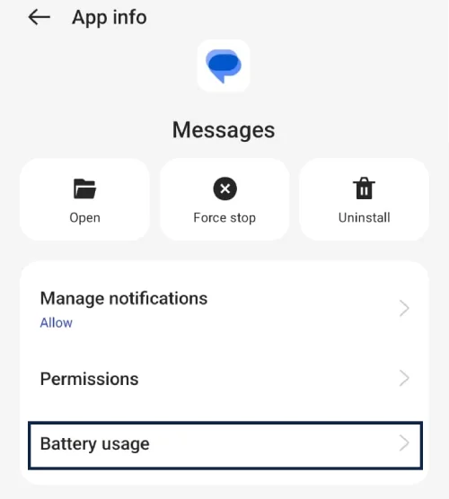 Google Messages app info screen showing battery usage settings