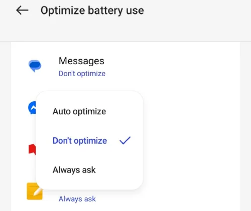 Battery optimization settings showing Google Messages set to Don't optimize