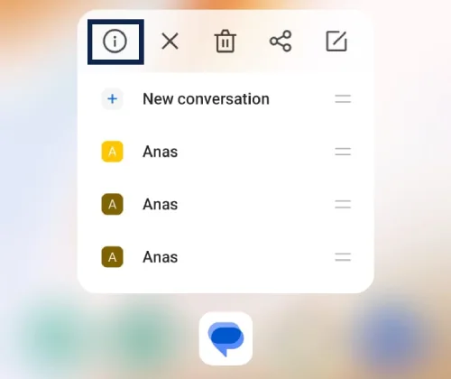 Long-press menu on Google Messages app icon showing the information icon