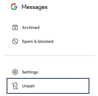 Google Messages unpair menu option