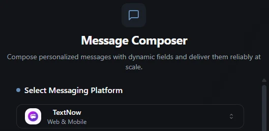 Text Blaster Pro messaging platform interface showing TextNow selection